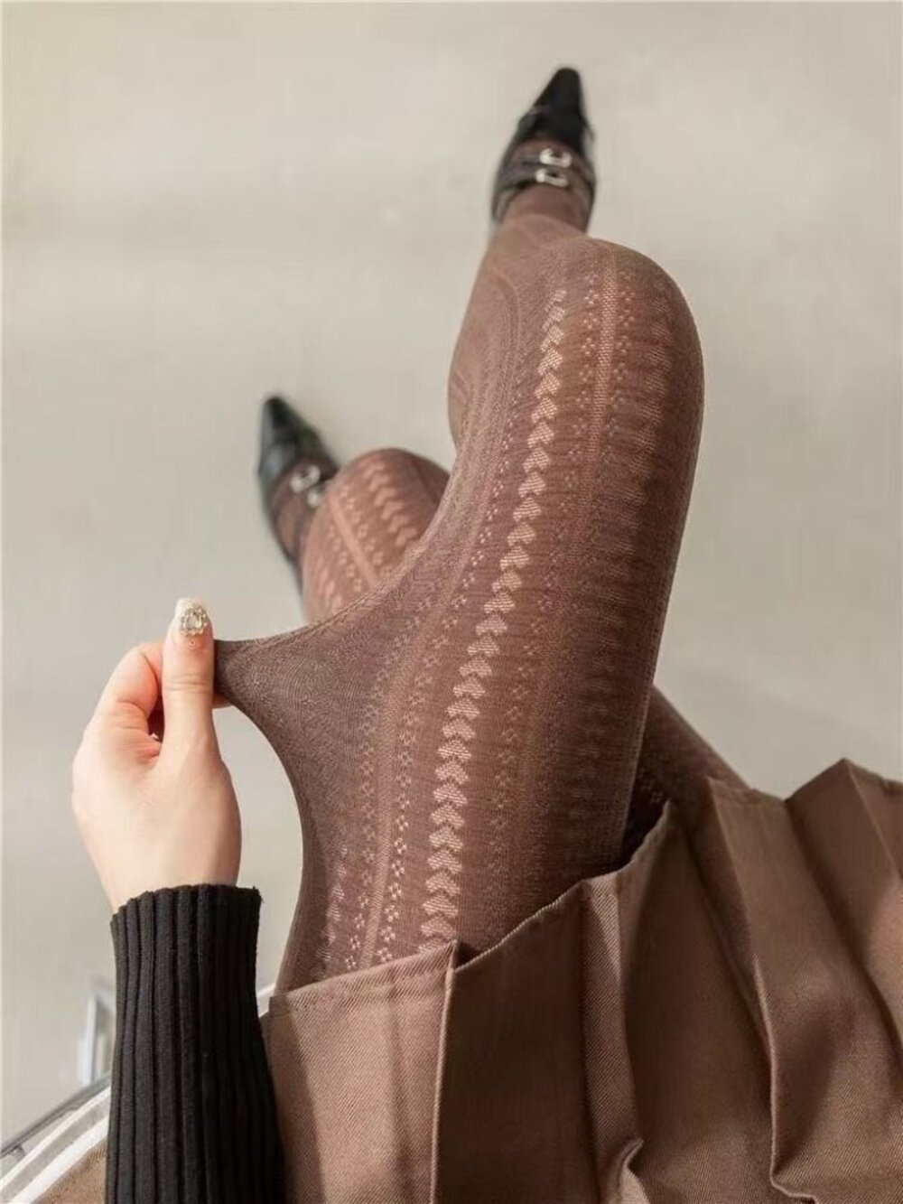 Women's Heart Pattern Outline Jacquard Hollow Out Knit Brown Tights Pantyhose